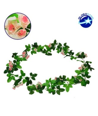 GloboStar® 09018 Τεχνητό Κρεμαστό Φυτό Διακοσμητική Γιρλάντα Μήκους 2.2 μέτρων με 33 X Μικρά Τριαντάφυλλα Ροζ Λευκά